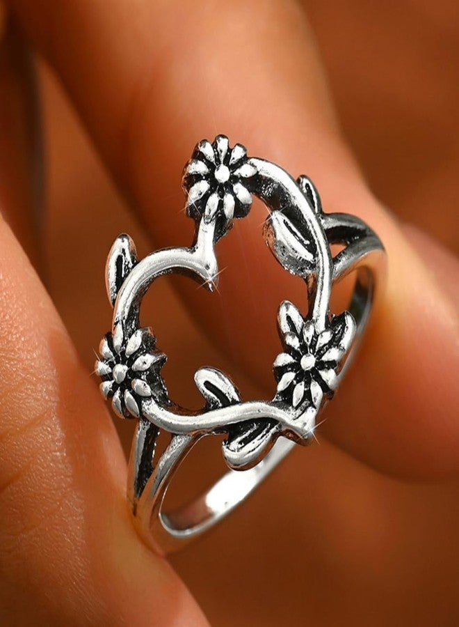 BlingNook Silver Rings For Women, Retro Flower Heart Ring Stackable Trendy Floral Engagement Elegant Statement Wedding Birthday Jewelry Gift (Retro Silver, 7) - Image 3